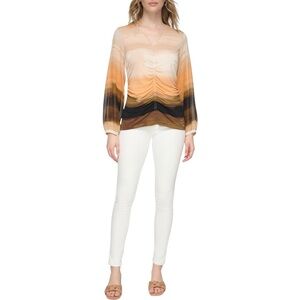 Calvin Klein Yellow and Cream Ruched Long Sleeve Blouse